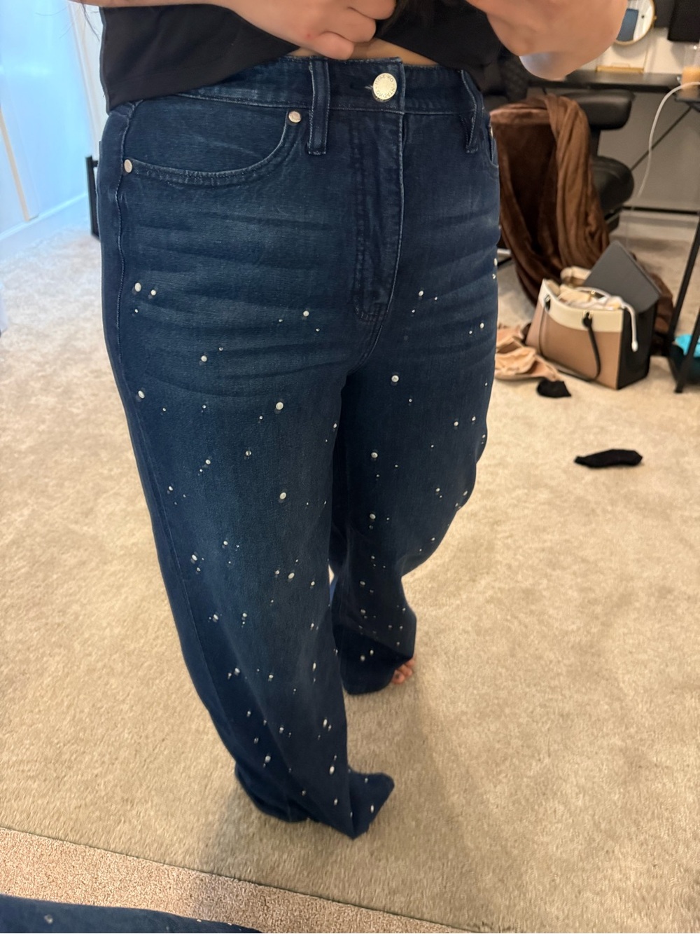 Dark Wash Pearl Embellished Wide-Leg Jeans - Women
